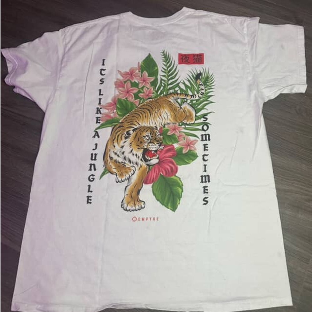 Empyre White Tee with Tiger and Floral Design